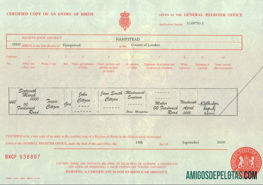 Imprimível modelo de certidão de nascimento do Reino Unido em formato PSD, totalmente editável